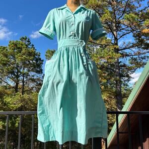 Vintage 30s/40s Green Sanforized Cotton Utilitarian Midi Chore Dress XS S
